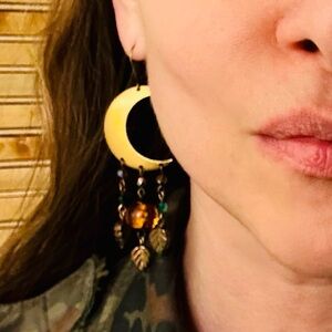 EVERMORE Crescent Moon Brass Czech Glass Statement Earrings Swift Witchy